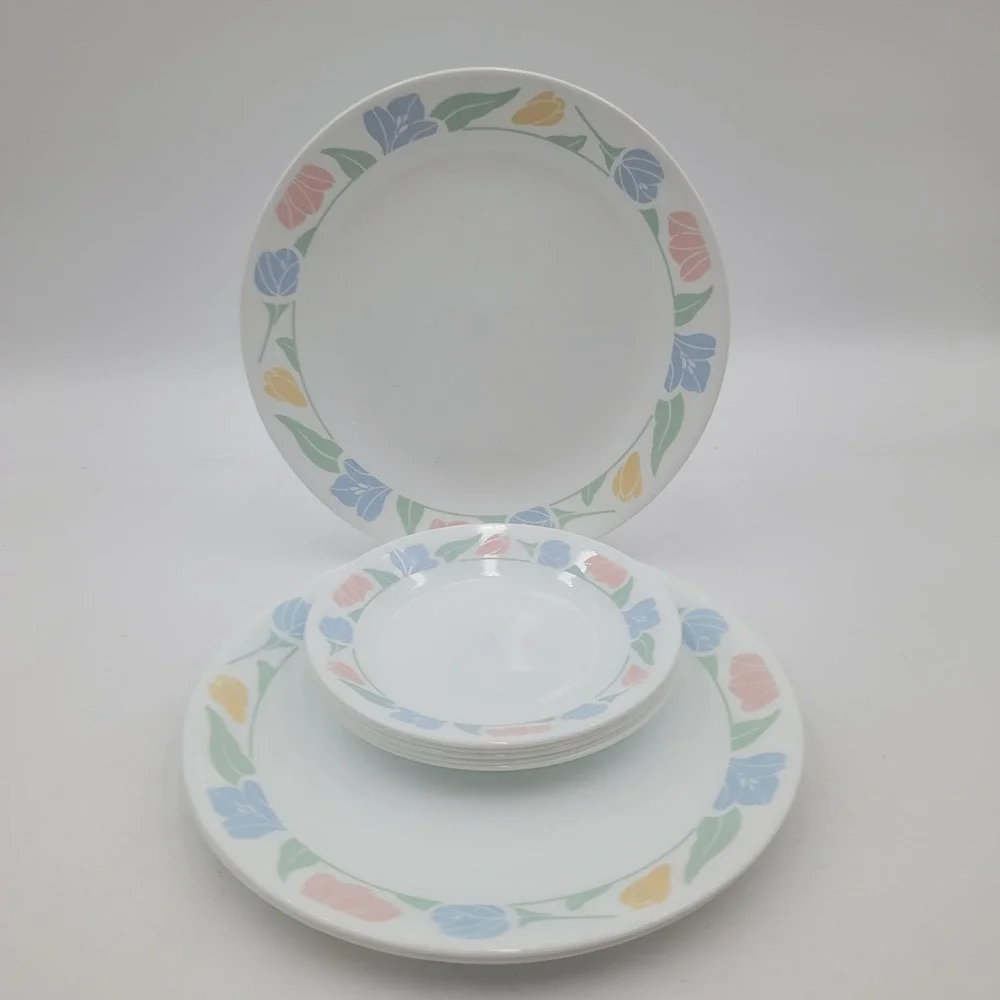 8pc Corelle Friendship Plate Set 3 Dinner 5 Bread Floral Tulips Vitrelle USA